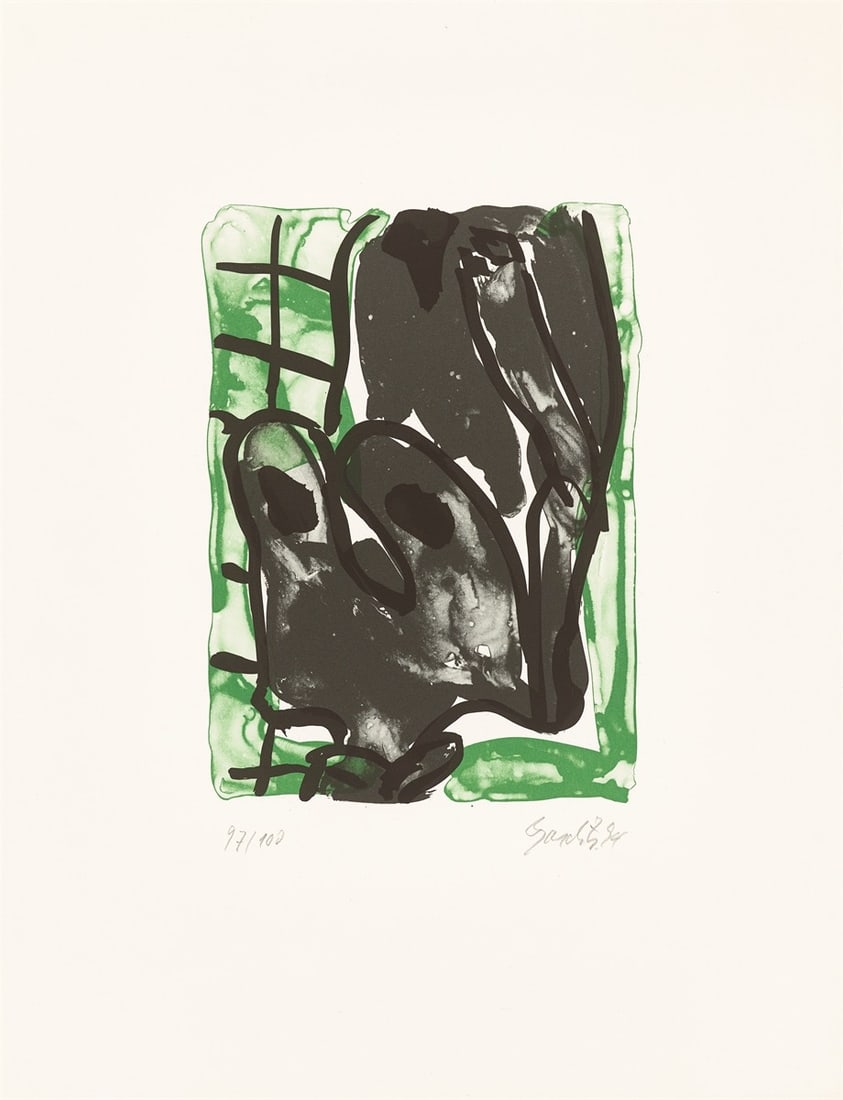 Georg Baselitz. Untitled (female nude). 1994: Georg Baselitz (Deutschbaselitz/Saxony 1938 – 2026). Untitled (female nude). 1994 Colour lithograph on BFK Rives wove paper. 35 × 25,2 cm (65,5 × 50 cm)