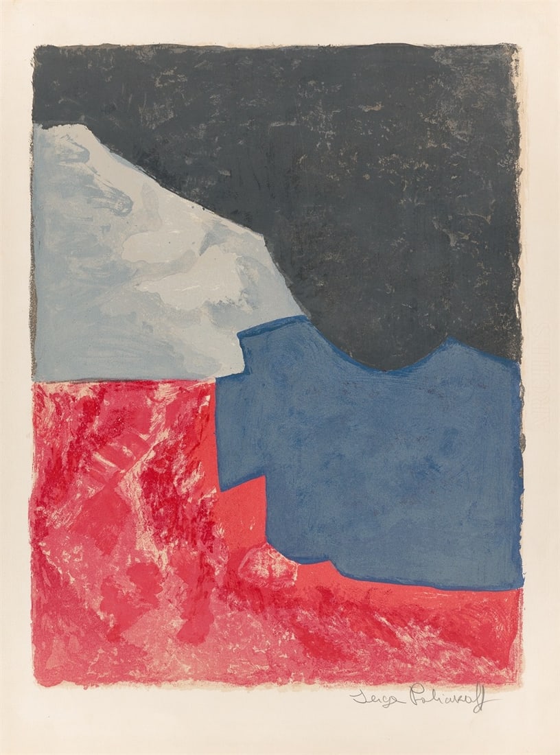 Serge Poliakoff. ”Composition in red, grey and black”. 1960: Serge Poliakoff (Moscow 1900 – 1969 Paris). ”Composition in red, grey and black”. 1960 Colour lithograph on Arches wove paper. 64 × 49,5 cm (76,5 × 