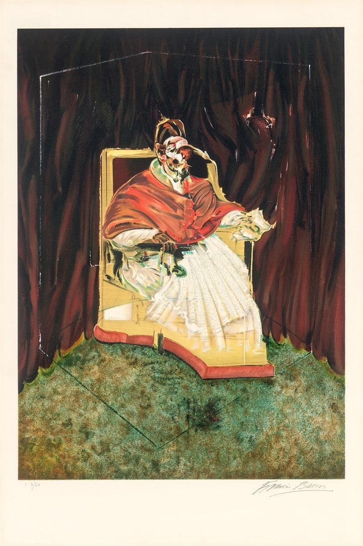 Francis Bacon. ”Study for portrait of Pope Innocent X after Vélasquez”. 1989: Francis Bacon (Dublin 1909 – 1992 London). ”Study for portrait of Pope Innocent X after Vélasquez”. 1989 Colour lithograph on light cream Arches wove paper.
