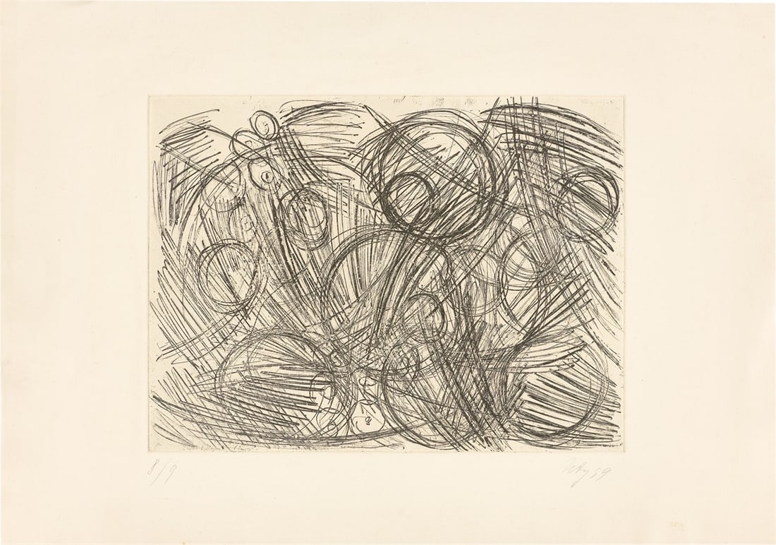 Ernst Wilhelm Nay. ”Vernis Mous II”. 1959: Ernst Wilhelm Nay (Berlin 1902 – 1968 Cologne). ”Vernis Mous II”. 1959 Drypoint on wove paper. 34,5 × 46 cm (53,5 × 76 cm)