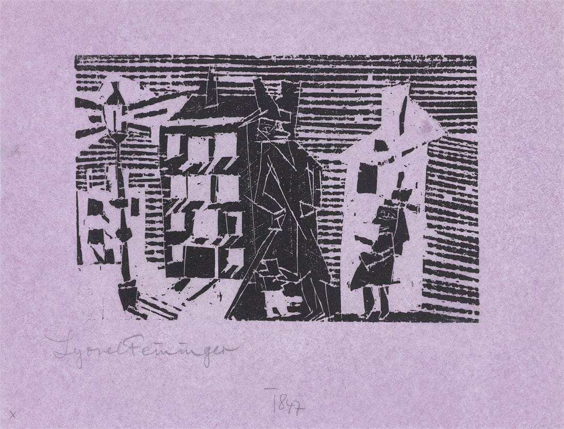 Lyonel Feininger. ”Nacht”. 1918: Lyonel Feininger (1871 – New York – 1956). ”Nacht”. 1918 Woodcut on violet-coloured tissue paper. 11,6 × 17,4 cm (18,7 × 24,7 cm)