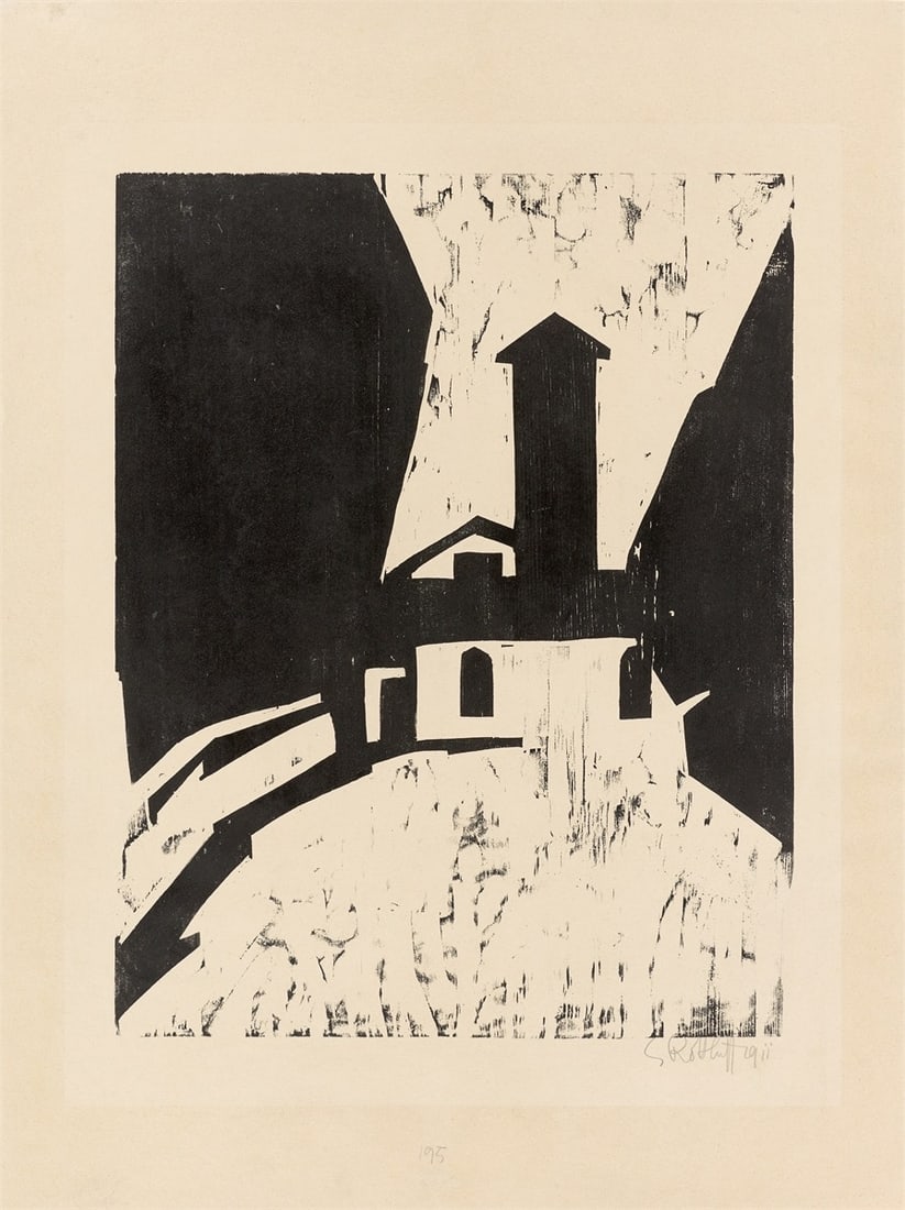 Karl Schmidt-Rottluff. ”Villa mit Turm”. 1911/19: Karl Schmidt-Rottluff (Rottluff 1884 – 1976 Berlin). ”Villa mit Turm”. 1911/19 Woodcut on wove paper. 49,8 × 39,6 cm (70,8 × 53,4 cm)