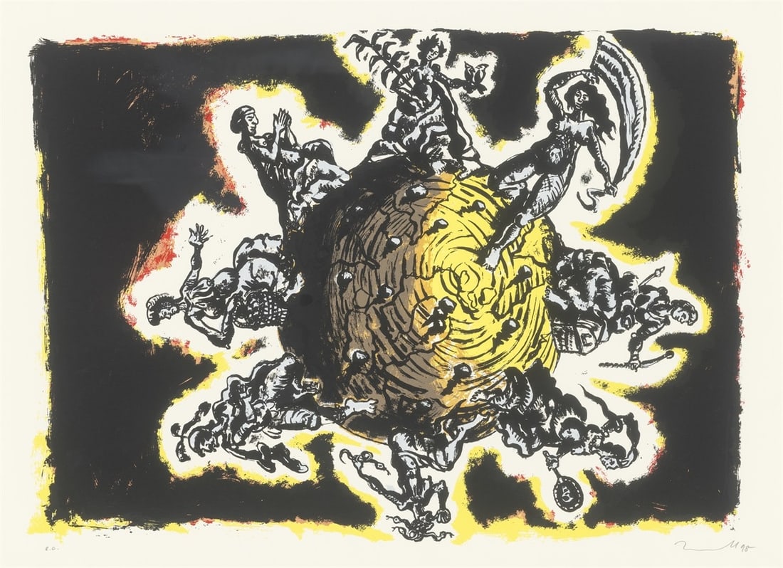 Jörg Immendorff. ”Weltlauf”. 1998: Jörg Immendorff (Bleckede/Elbe 1945 – 2007 Düsseldorf). ”Weltlauf”. 1998 Colour silkscreen on laid paper. 70 × 97 cm