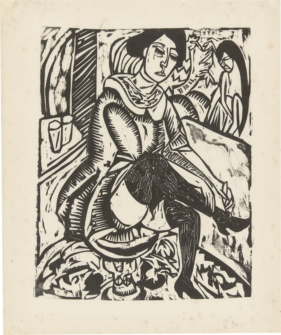 Ernst Ludwig Kirchner. ”Frau, Schuh zuknöpfend”. 1912/13: Ernst Ludwig Kirchner (Aschaffenburg 1880 – 1938 Davos). ”Frau, Schuh zuknöpfend”. 1912/13 Woodcut on thin Japan. 31 × 25 cm