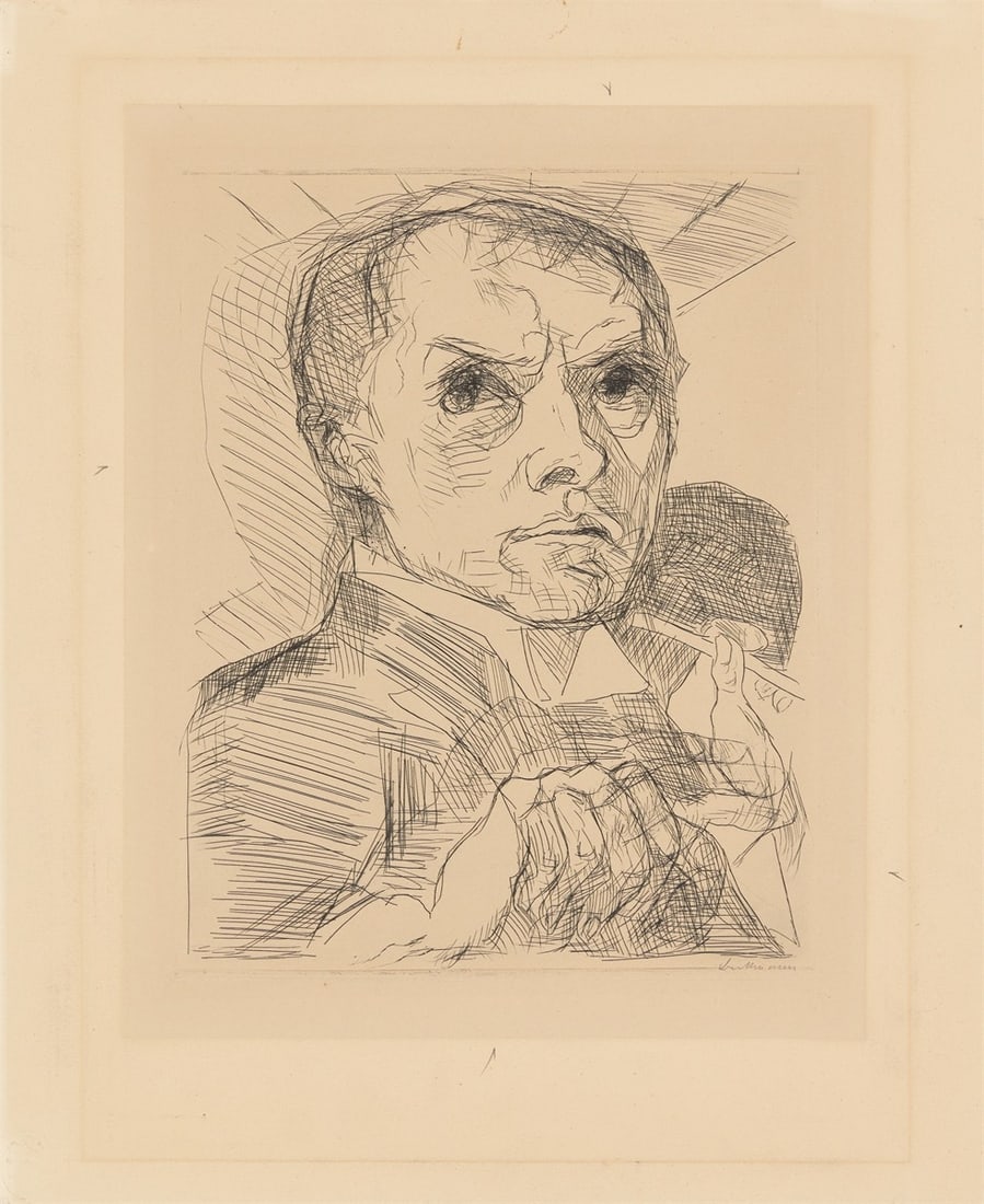 Max Beckmann. ”Selbstbildnis mit Griffel”. Circa 1916: Max Beckmann (Leipzig 1884 – 1950 New York). ”Selbstbildnis mit Griffel”. Circa 1916 Drypoint on buff-coloured laid paper. 29,6 × 23,6 cm