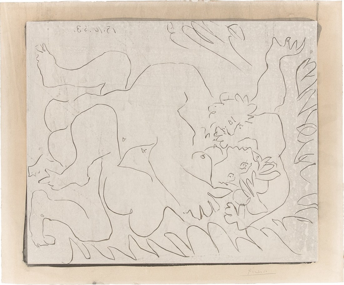 Pablo Picasso. ”Entreinte. I”. 1963: Pablo Picasso (Málaga 1881 – 1973 Mougins). ”Entreinte. I”. 1963 Linocut, brushed over with ink wash and rinsed, on Arches wove paper. 53 × 63,8 cm