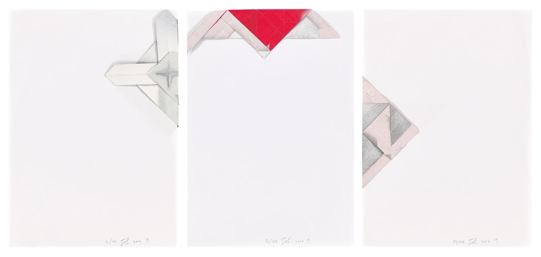 Haegue Yang. Untitled. 2007: Haegue Yang (Seoul 1971 – lives in Berlin). Untitled. 2007 3 paper foldings: each spray paint on paper (folded), on paper. Each: 29,7 × 21 cm (11 ¾ × 