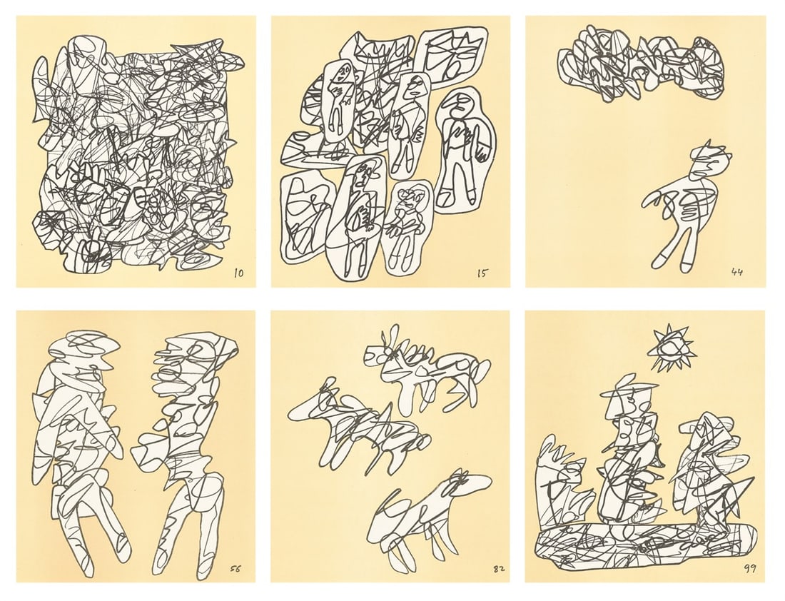 Jean Dubuffet. ”Conjectures”. 1983: Jean Dubuffet (Le Havre 1901 – 1985 Paris). ”Conjectures”. 1983 Original linen-covered box with 100 lithographs, each on yellow BFK Rives wove paper; with title page, imprint and