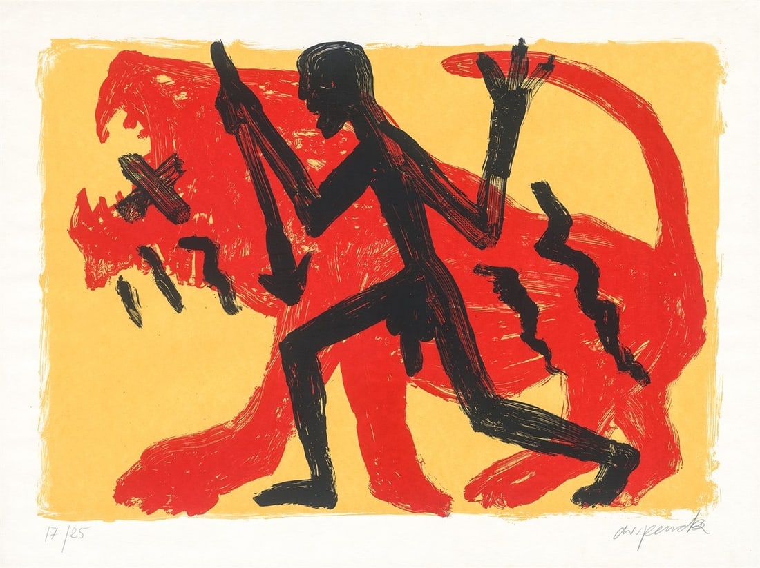 A.R. Penck. From: ”Jäger”. 1994: A.R. Penck (Dresden 1939 – 2017 Zurich). From: ”Jäger”. 1994 Colour silkscreen on light cardboard. 70 × 100 cm (110 × 81 cm)