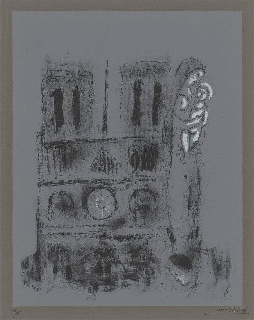 Marc Chagall. ”Notre-Dame en gris”. 1955: Marc Chagall (Vitebsk 1887 – 1985 Saint-Paul-de-Vence). ”Notre-Dame en gris”. 1955 Lithograph on grey wove paper. 68,2 × 53,2 cm