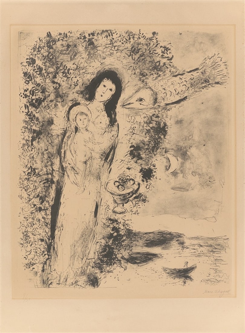 Marc Chagall. ”Vierge aux poissons”. 1951: Marc Chagall (Vitebsk 1887 – 1985 Saint-Paul-de-Vence). ”Vierge aux poissons”. 1951 Lithograph on Arches wove paper. 58,4 × 47,7 cm