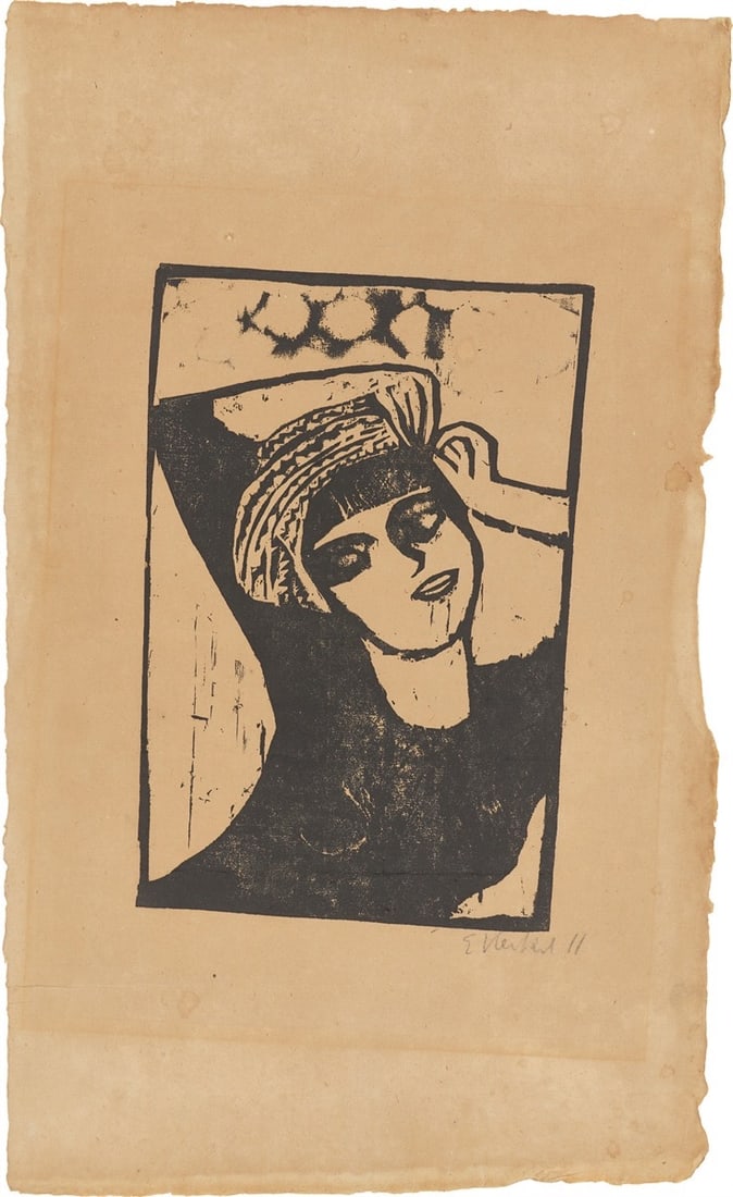 Erich Heckel. ”Mädchen mit Turban (Mädchen / Der Turban)”. 1911: Erich Heckel (Döbeln 1883 – 1970 Radolfzell on Lake Constance). ”Mädchen mit Turban (Mädchen / Der Turban)”. 1911 Woodcut on paper. 31,6 × 21,4 cm