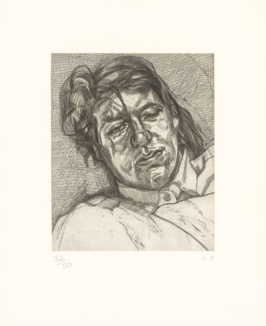 Lucian Freud. ”Bella”. 1987: Lucian Freud (Berlin 1922 – 2011 London). ”Bella”. 1987 Etching on BFK Rives wove paper. 42,2 × 34,8 cm (69,3 × 57 cm)