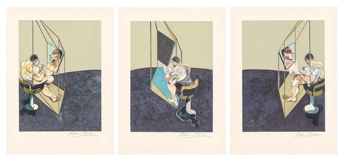Francis Bacon. ”Three studies of the male back”. 1987: Francis Bacon (Dublin 1909 – 1992 London). ”Three studies of the male back”. 1987 3-part: Each colour lithograph on Arches wove paper. Each: 60,5 × 45 cm (80,8&nb