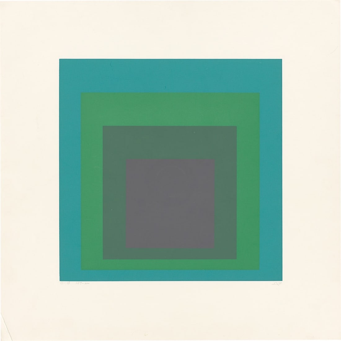 Josef Albers. ”O-G”. 1967: Josef Albers (Bottrop 1888 – 1976 New Haven, Connecticut). ”O-G”. 1967 Colour silkscreen on light cardboard. 28 × 28 cm (43,5 × 43,5 cm)