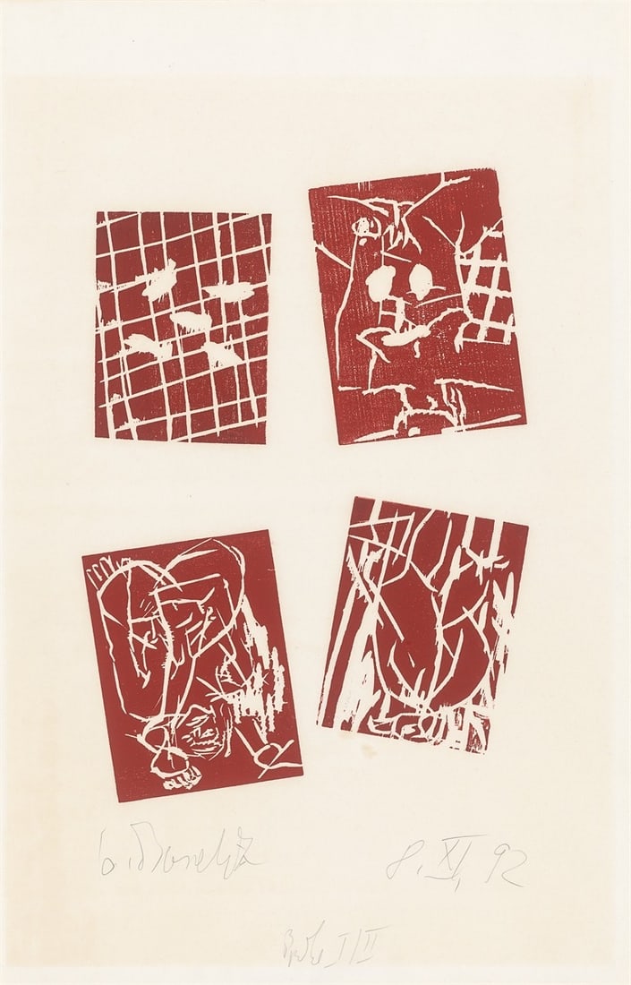 Georg Baselitz. Untitled. 1992: Georg Baselitz (Deutschbaselitz/Saxony 1938 – 2026). Untitled. 1992 Woodcut in red on Japan laid paper. 56 × 39,5 cm (87,5 × 56,7 cm)