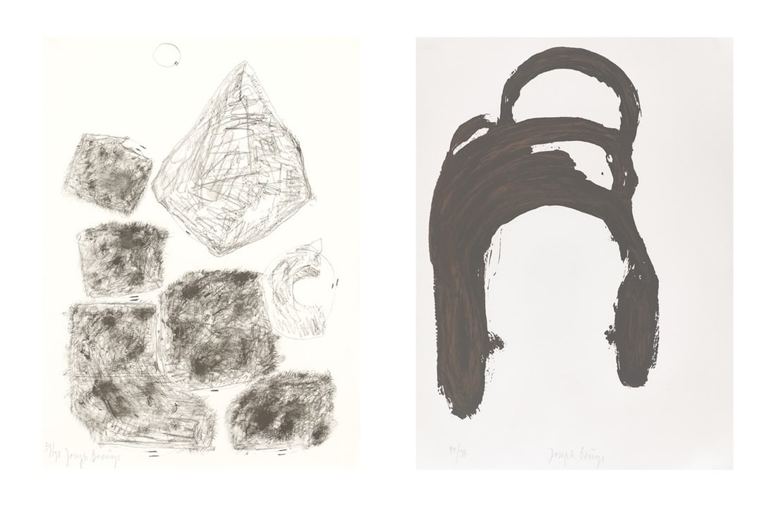 Joseph Beuys. From: ”Spur II”. 1977: Joseph Beuys (Krefeld 1921 – 1986 Düsseldorf). From: ”Spur II”. 1977 2 sheets: each colour lithograph on laid paper. Each: 76 × 56 cm