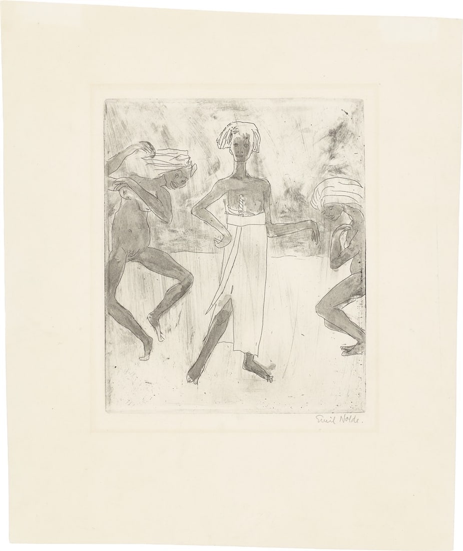 Emil Nolde. ”Junger Fürst und Tänzerinnen”. 1918: Emil Nolde (Nolde 1867 – 1956 Seebüll). ”Junger Fürst und Tänzerinnen”. 1918 Drypoint and aquatint on paper. 26 × 21,8 cm