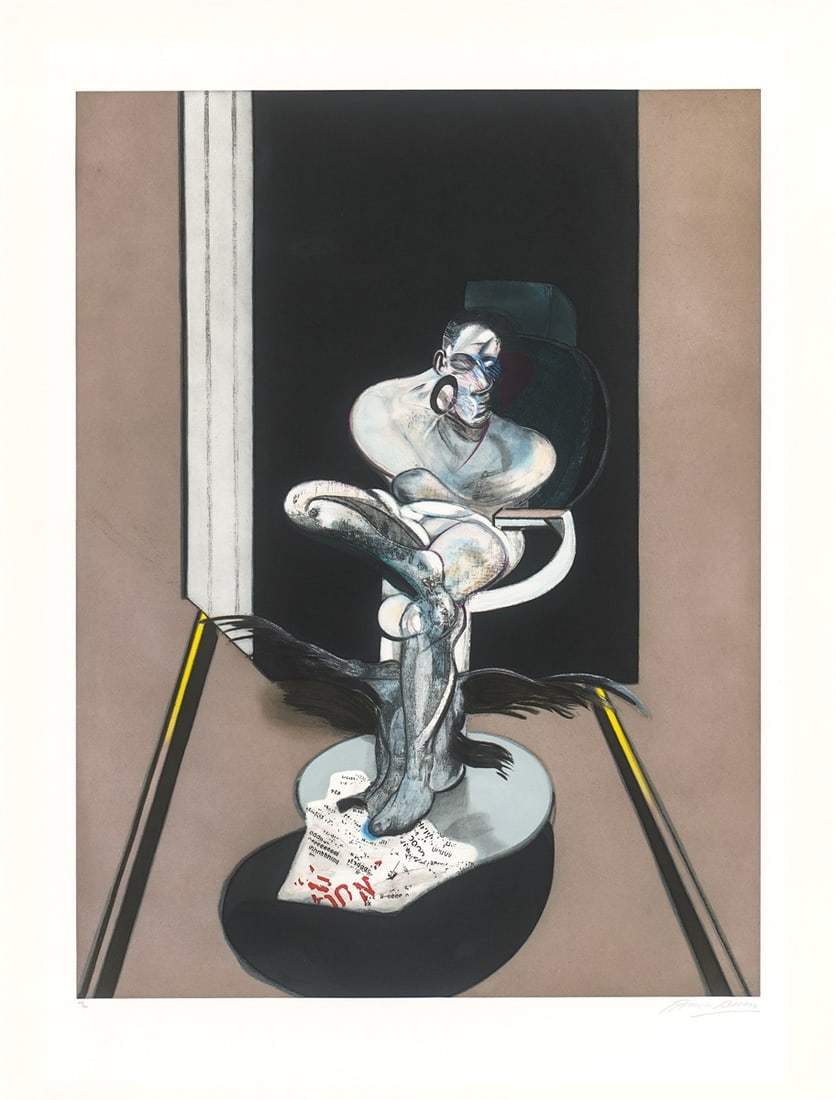 Francis Bacon. ”Seated Figure”. 1992: Francis Bacon (Dublin 1909 – 1992 London). ”Seated Figure”. 1992 Colour aquatint on Fabriano wove paper. 133,7 × 98,3 cm (162,8 × 120,3 cm)