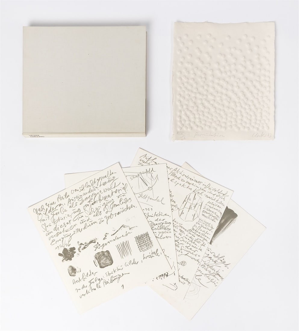 Günther Uecker. ”Permutation”. 1983: Günther Uecker (Wendorf/Mecklenburg 1930 – 2025 Düsseldorf). ”Permutation”. 1983 Embossing on heavy wove paper and 4 lithographic printed double sheets; in original