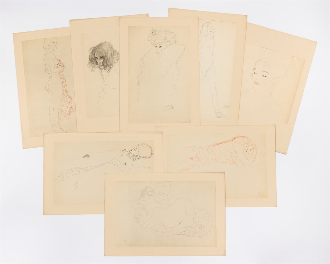 Gustav Klimt. ”25 Handzeichnungen”. 1919: Gustav Klimt (Baumgarten near Vienna 1862 – 1918 Vienna). ”25 Handzeichnungen”. 1919 Original half linen-covered portfolio with 25 collotype prints after drawings, on paper, with