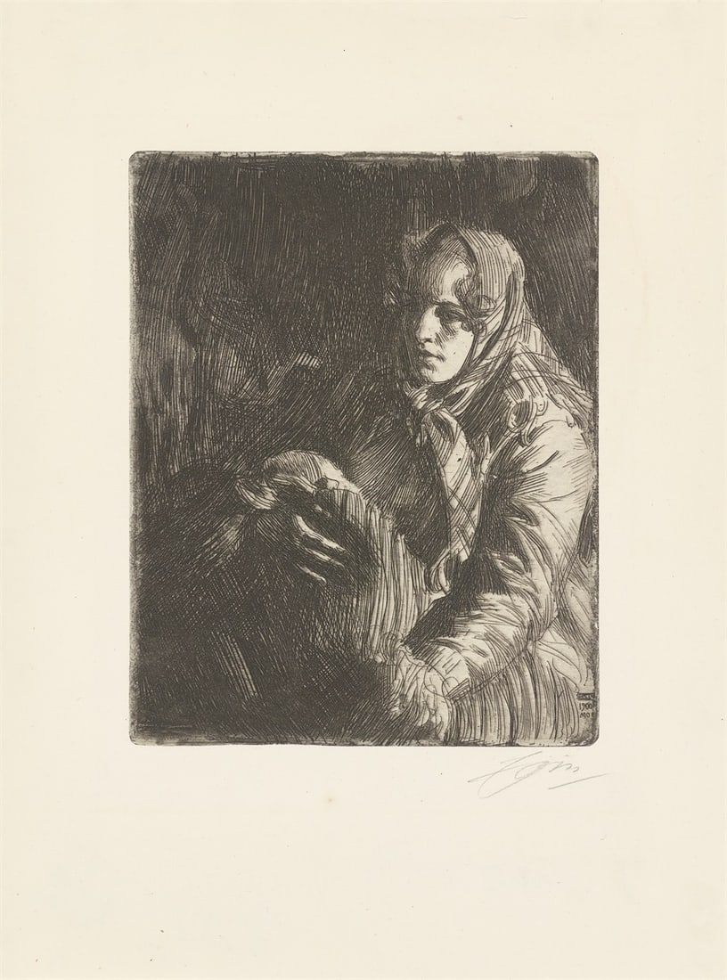 Anders Zorn. ”Madonna”. 1900: Anders Zorn (1860 – Mora – 1920). ”Madonna”. 1900 Etching on laid paper. 24,9 × 19,7 cm (41,8 × 30,6 cm)