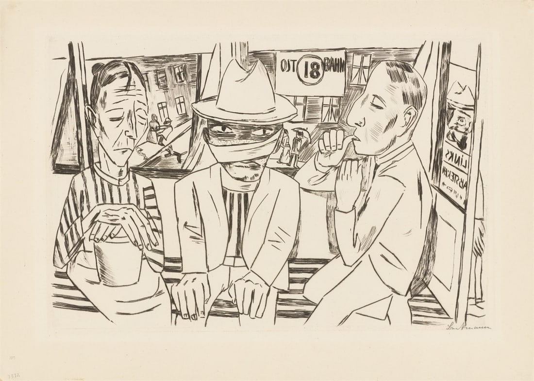 Max Beckmann. ”In der Trambahn”. 1922: Max Beckmann (Leipzig 1884 – 1950 New York). ”In der Trambahn”. 1922 Drypoint on wove paper. 28,2 × 43,2 cm (37,8 × 52,5 cm)