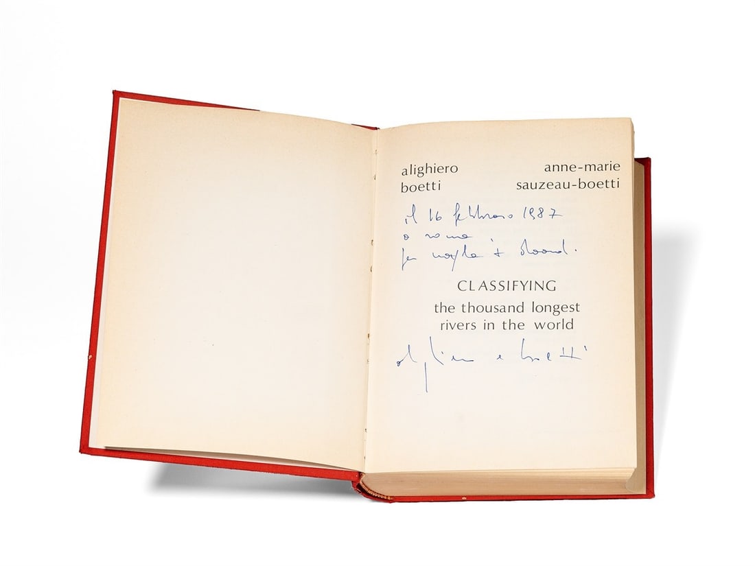 Alighiero Boetti. ”Classifying the thousand longest rivers in the world”. 1977: Alighiero Boetti (Torino 1940 – 1994 Rome). ”Classifying the thousand longest rivers in the world”. 1977 Book with 1016 typographically printed pages, in linen binding.