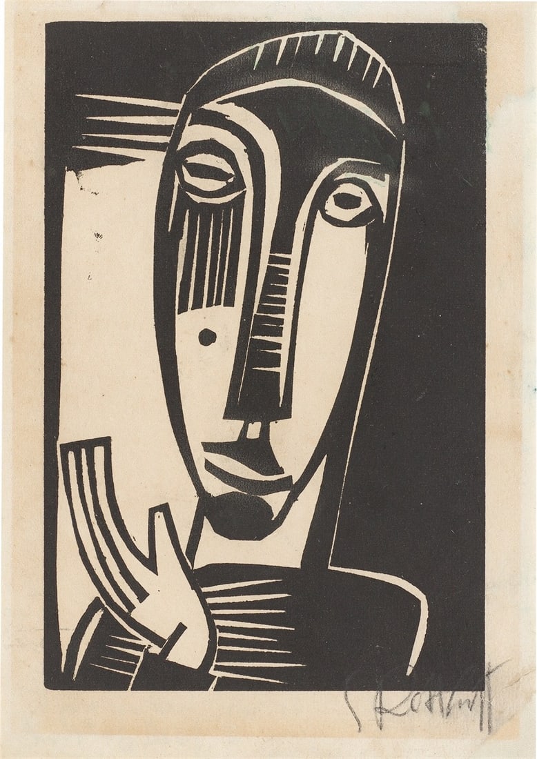 Karl Schmidt-Rottluff. ”Kleine Prophetin”. 1919/20: Karl Schmidt-Rottluff (Rottluff 1884 – 1976 Berlin). ”Kleine Prophetin”. 1919/20 Woodcut on paper. 18 × 11,9 cm (20,6 × 14,7 cm)