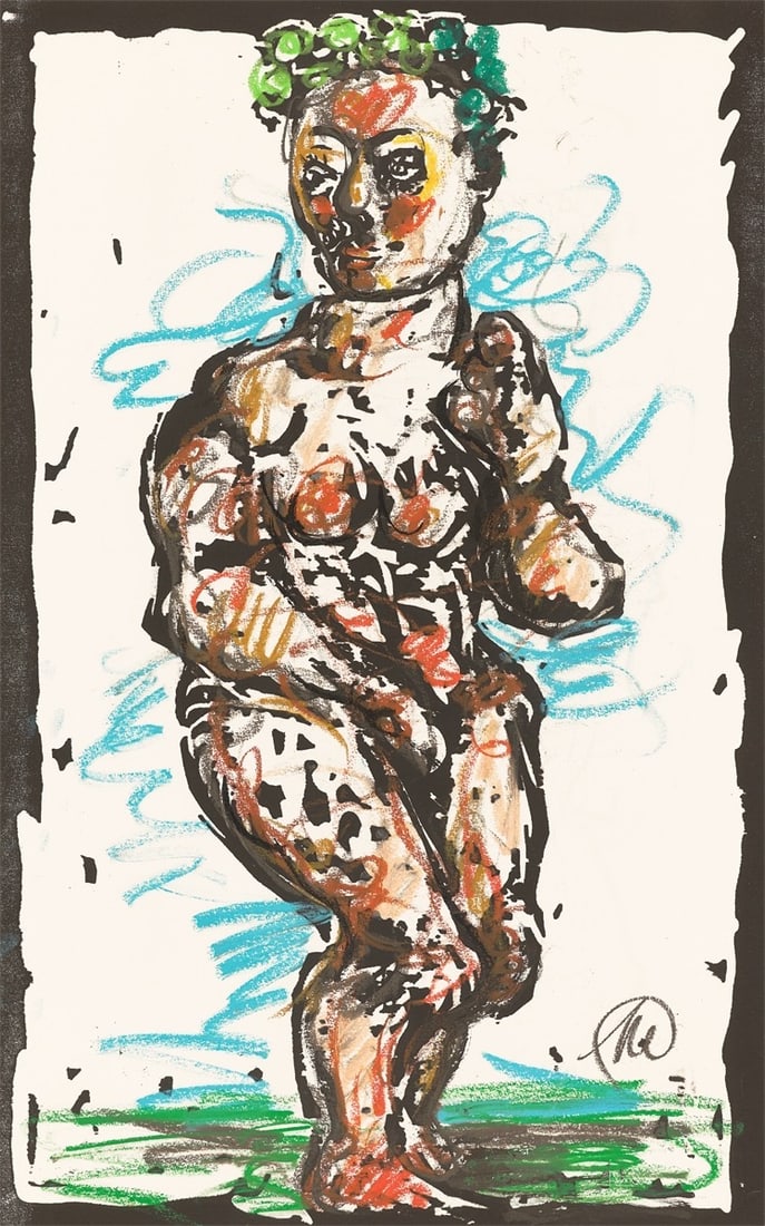 Markus Lüpertz. ”Aphrodite”. Circa 2000: Markus Lüpertz (Liberec/Bohemia (today Czech Republic) 1941 – lives in Berlin, Karlsruhe, Düsseldorf and Florence). ”Aphrodite”. Circa 2000 Coloured chalk over woodcut on w