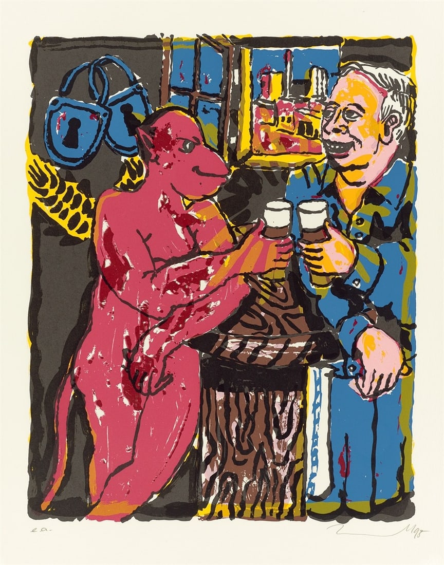 Jörg Immendorff. ”Schlösser”. 1998: Jörg Immendorff (Bleckede/Elbe 1945 – 2007 Düsseldorf). ”Schlösser”. 1998 Colour silkscreen on laid paper. 40 × 50 cm (56,7 × 46,2 cm)