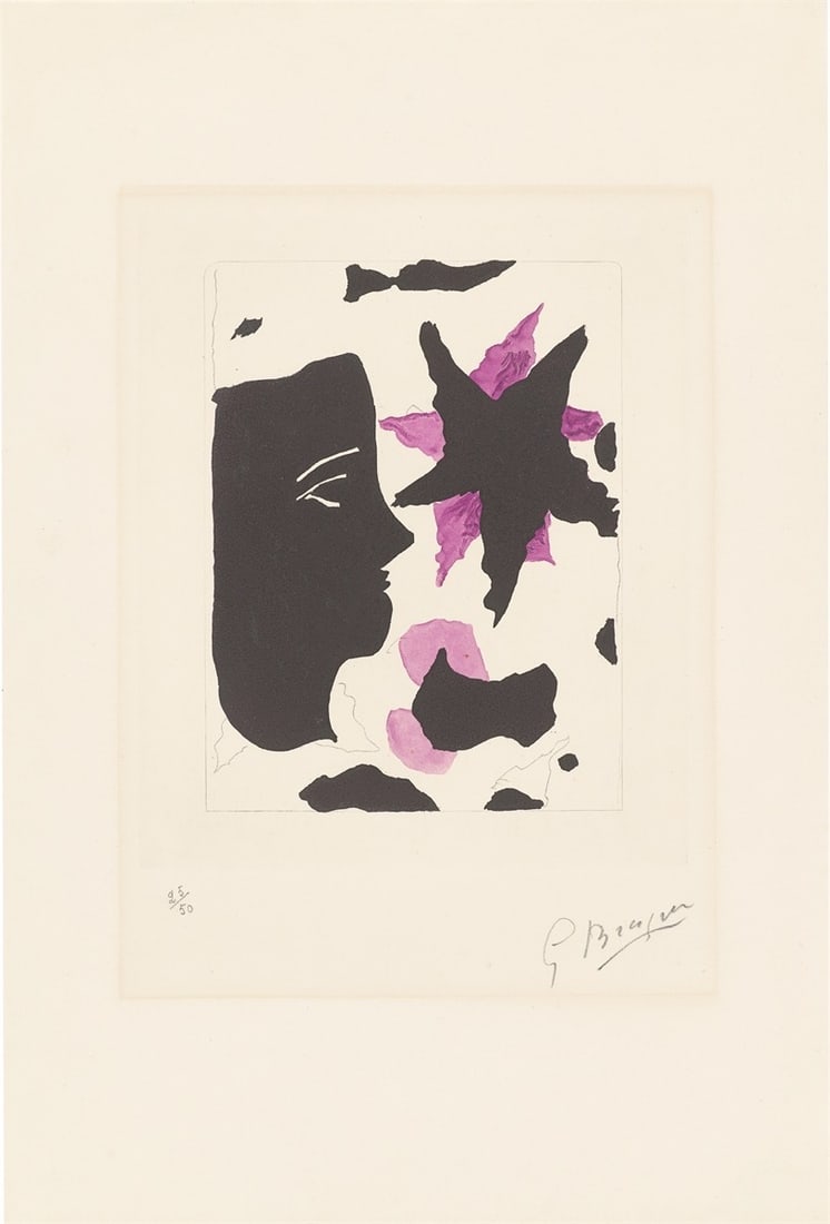 Georges Braque. ”Tête en profil et l’étoile (mauve)”. 1960: Georges Braque (Argenteuil 1882 – 1963 Paris). ”Tête en profil et l’étoile (mauve)”. 1960 Colour aquatint on BFK Rives wove paper. 29,7 × 24 cm