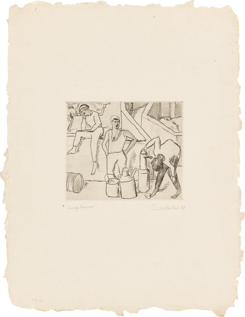 Erich Heckel. ”Junge Männer”. 1929: Erich Heckel (Döbeln 1883 – 1970 Radolfzell on Lake Constance). ”Junge Männer”. 1929 Drypoint on Japan laid paper. 18,7 × 22,3 cm (to