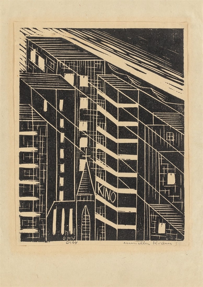 Erich Müller-Kraus. ”City”. 1930: Erich Müller-Kraus (Aachen 1911 – 1967 Veberöd, Sweden). ”City”. 1930 Woodcut on paper, on paper. 24,6 × 19,2 cm (34,3 × 23,9 cm)