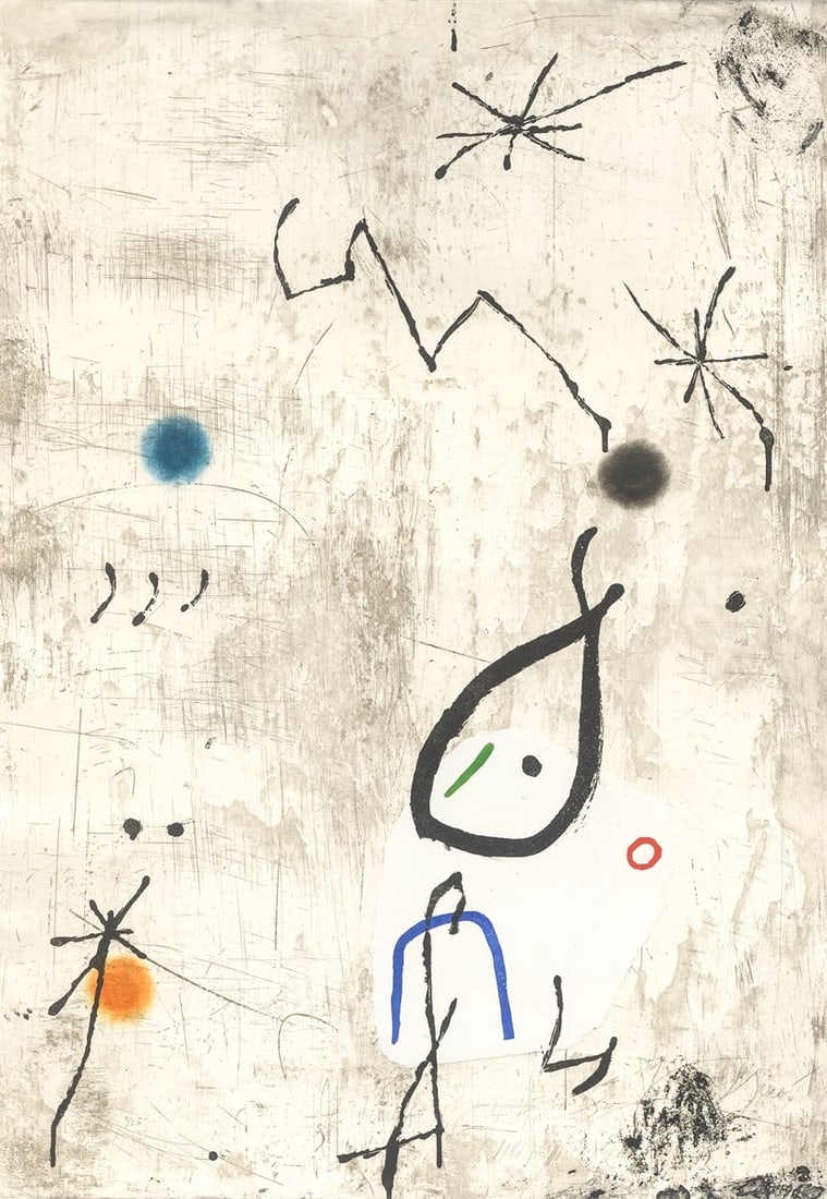 Joan Miró. ”Personatge I Estels VI”. 1979: Joan Miró (Barcelona 1893 – 1983 Palma de Mallorca). ”Personatge I Estels VI”. 1979 Colour etching and paper collage on Arches wove paper. 91 × 63 cm