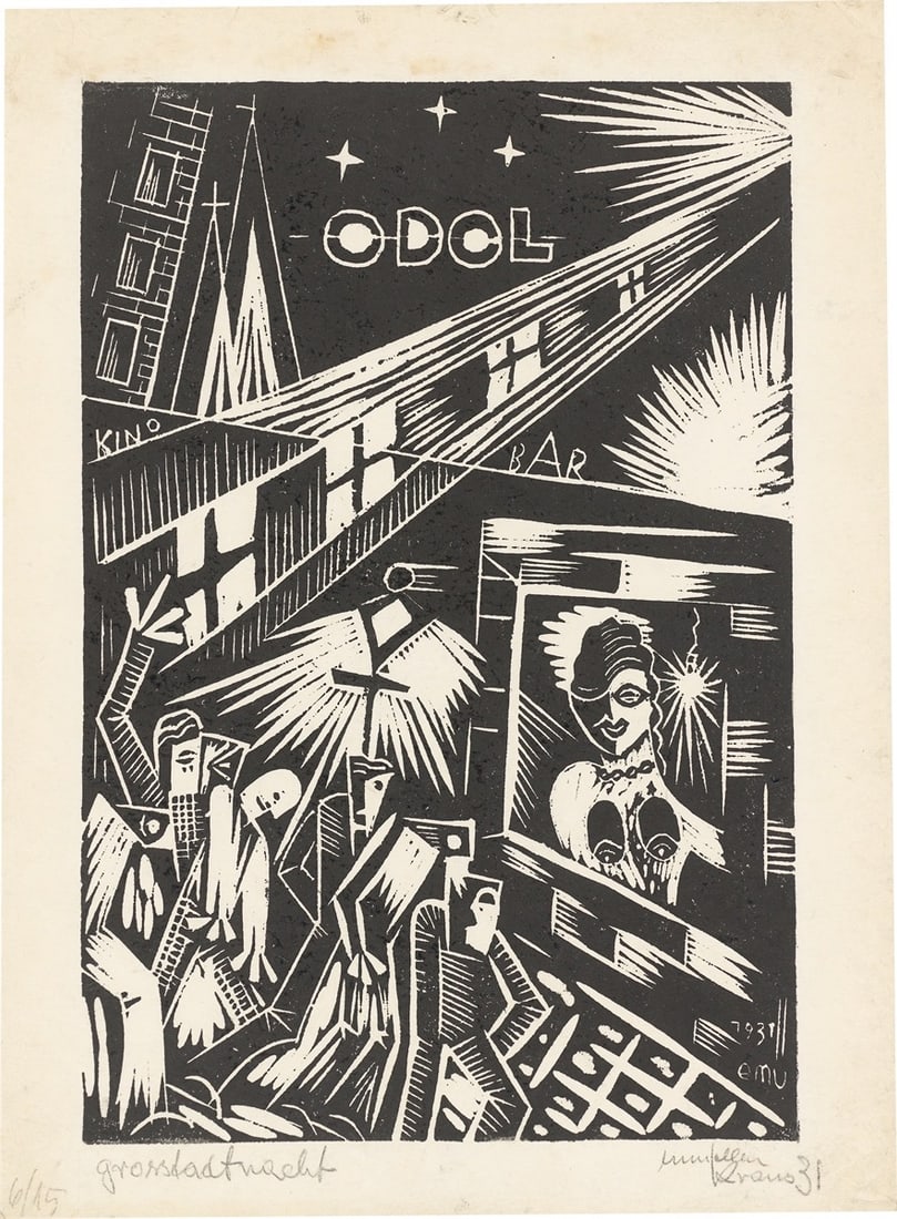 Erich Müller-Kraus. ”Großstadtnacht”. 1931: Erich Müller-Kraus (Aachen 1911 – 1967 Veberöd, Sweden). ”Großstadtnacht”. 1931 Woodcut on Japan paper. 30 × 20 cm (34,7 × 25,7)