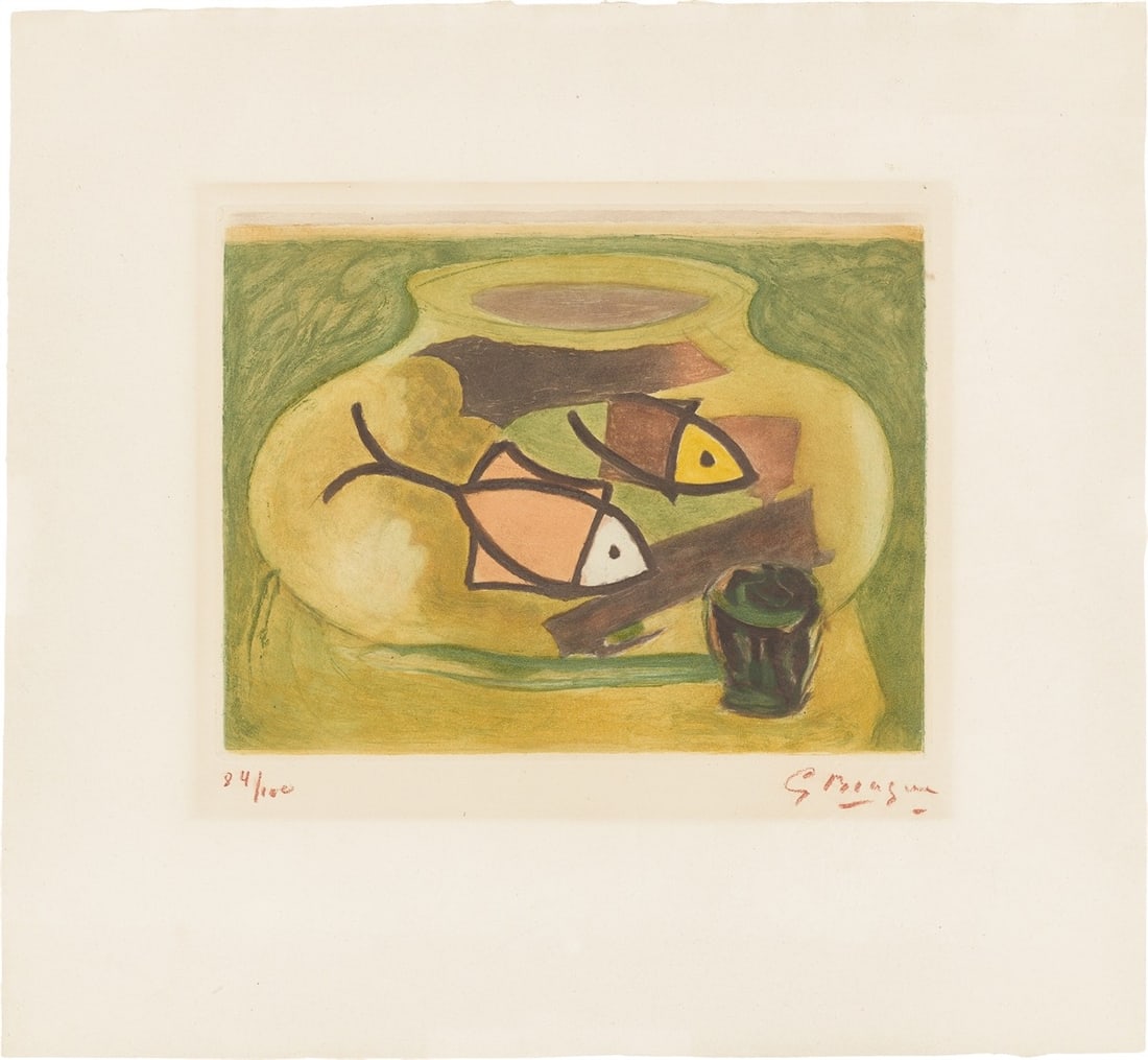 Georges Braque. ”L'aquarium”. 1950: Georges Braque (Argenteuil 1882 – 1963 Paris). ”L'aquarium”. 1950 Colour aquatint on heavy wove paper. 25 × 32 cm (48 × 52 cm)
