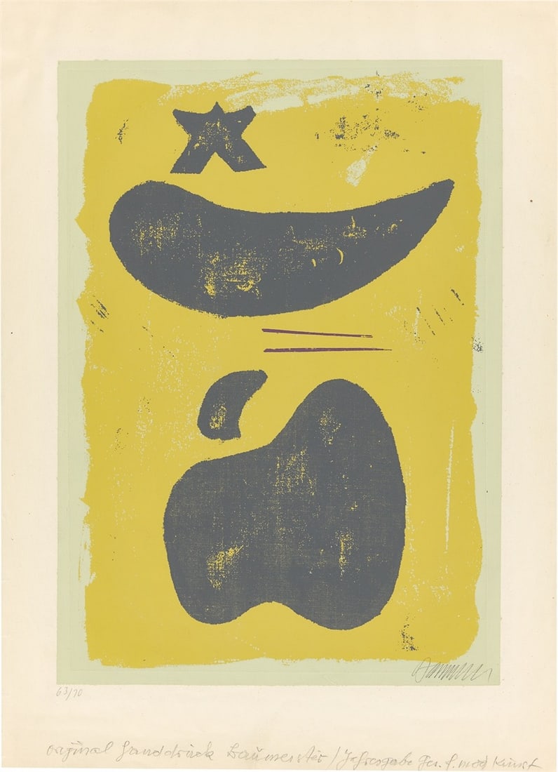 Willi Baumeister. ”Ideogramm”. 1952: Willi Baumeister (1889 – Stuttgart – 1955). ”Ideogramm”. 1952 Colour silkscreen on buff-coloured heavy paper. 48 × 34 cm (59,2 × 43 cm)