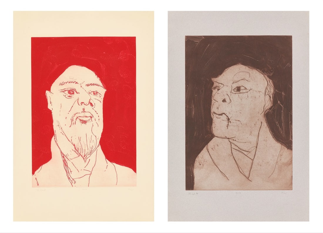 Thomas Schütte. ”Alte Freunde”. 2010: Thomas Schütte (Oldenburg 1954 – lives in Düsseldorf). ”Alte Freunde”. 2010 Original half linen-covered portfolio with 10 colour etchings and carborundum on J. Whatman