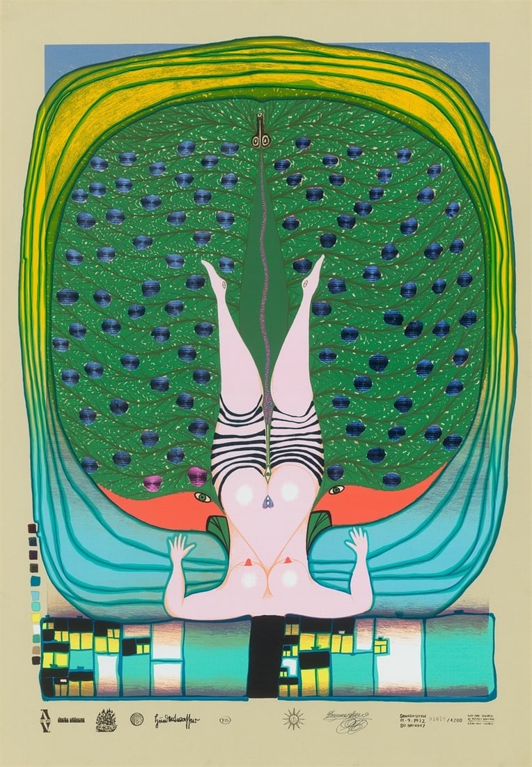 Friedensreich Hundertwasser. ”Hommage à Schröder Sonnenstern”. 1972: Friedensreich Hundertwasser (Vienna 1928 – 2000 at sea en route to Australia). ”Hommage à Schröder Sonnenstern”. 1972 Colour silkscreen with metal imprint on grey-brown