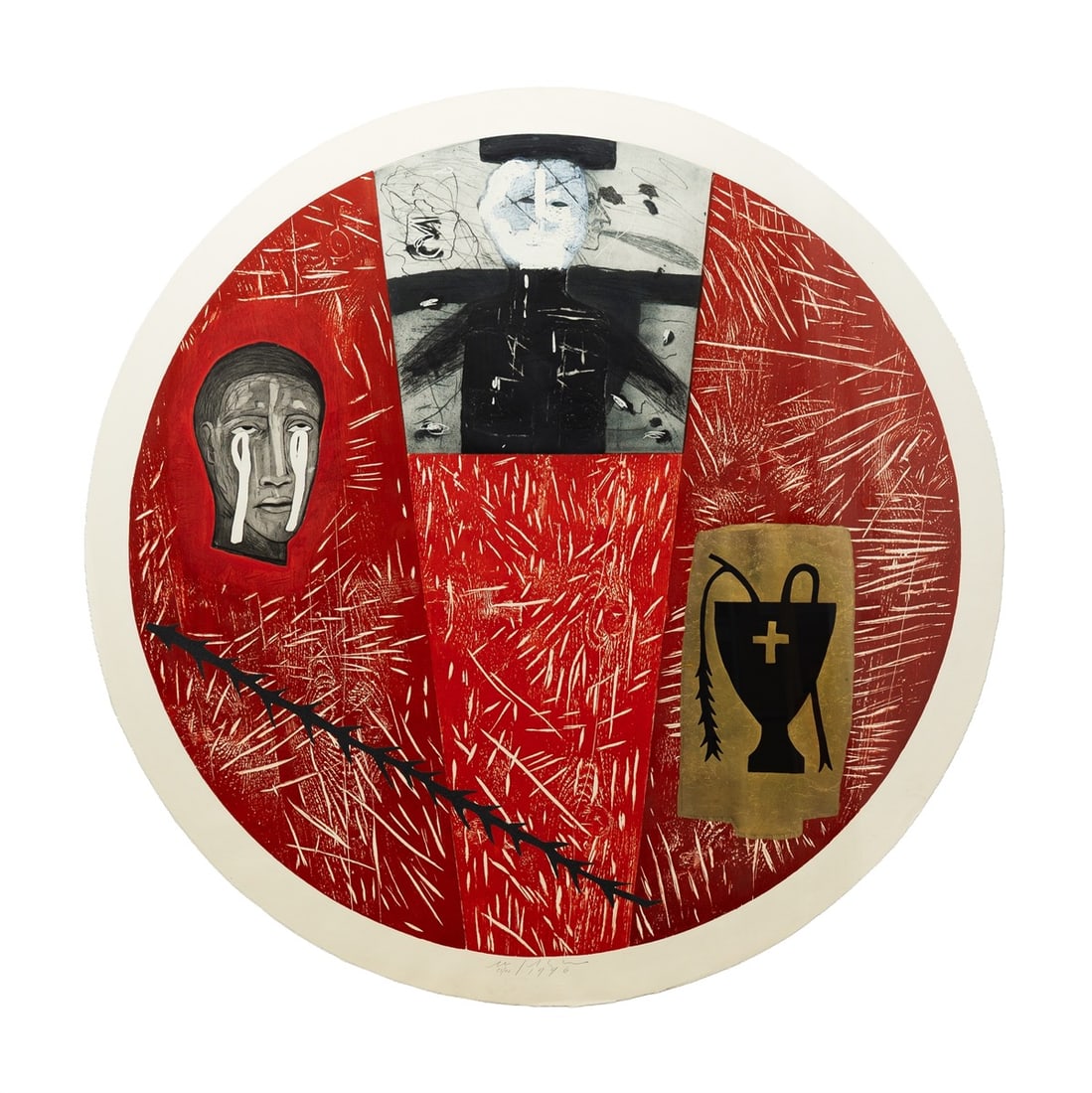 Mimmo Paladino. ”Asia”. 1996: Mimmo Paladino (Paduli, Italy 1948 – lives in Milan and Benevento). ”Asia”. 1996 Etching and drypoint, aquatint, carborundum, woodcut and colour silkscreen with gold leaf on heavy