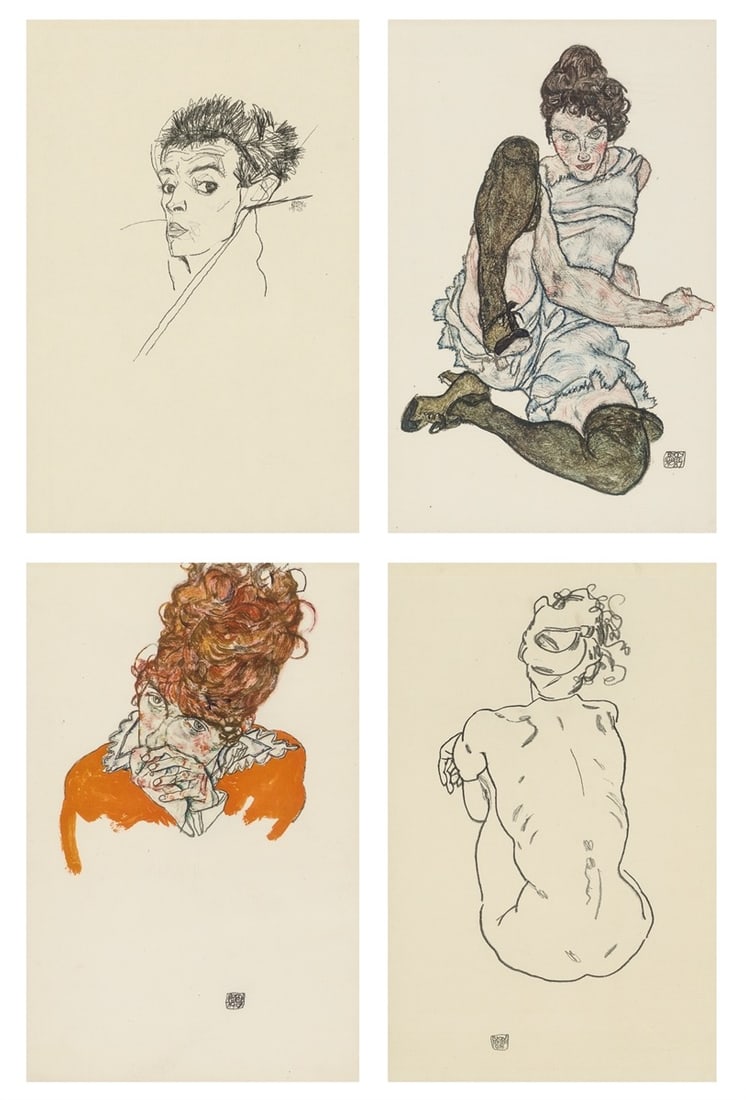 Egon Schiele. Handzeichnungen. 1910-18/20: Egon Schiele (Tulln 1890 – 1918 Vienna). Handzeichnungen. 1910-18/20 Original half linen-covered portfolio with 15 collotype prints after drawings, on paper, with title page and index.