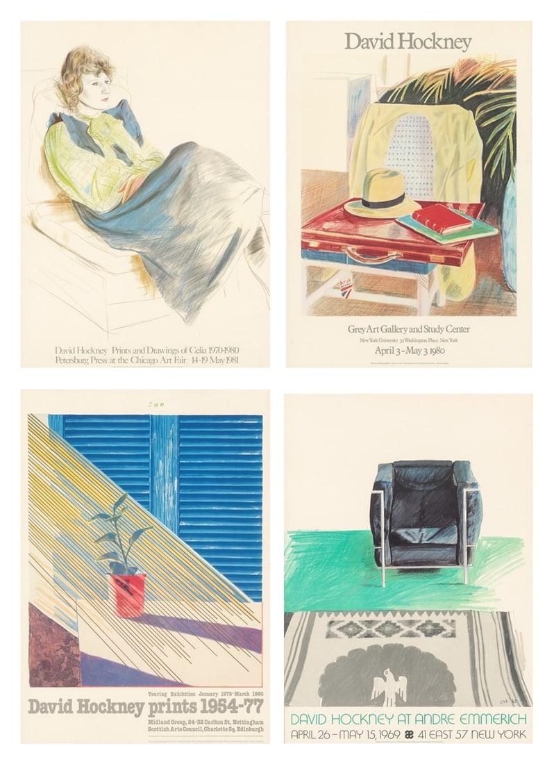 David Hockney. David Hockney exhibition posters from 1969, 1980 and 1981. 1969 to 1981: David Hockney (Bradford/West Yorkshire 1937 – 2026 London). David Hockney exhibition posters from 1969, 1980 and 1981. 1969 to 1981 4 sheets: Each colour offset on cardboard.