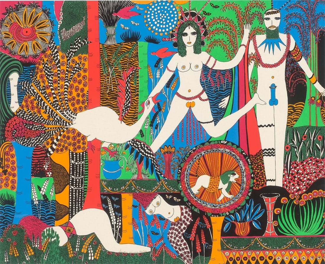 Dorothy Iannone. ”Flora und Fauna”. 1973: Dorothy Iannone (Boston 1933 – 2022 Berlin). ”Flora und Fauna”. 1973 Colour silkscreen on paper. 59 × 72,7 cm