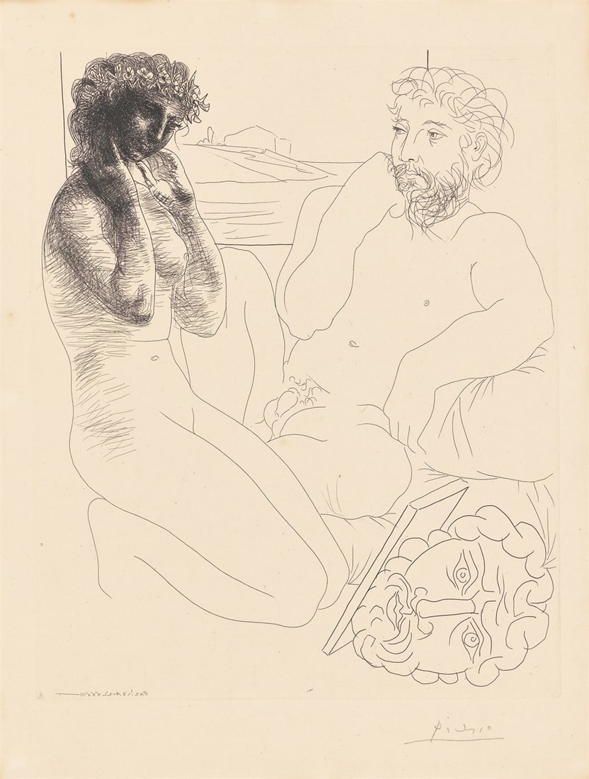 Pablo Picasso. ”Sculpteur et modèle se regardant dans un miroir calé sur un autoport: Pablo Picasso (Málaga 1881 – 1973 Mougins). ”Sculpteur et modèle se regardant dans un miroir calé sur un autoportrait sculpté”. 1933/39 Etching on wove paper.