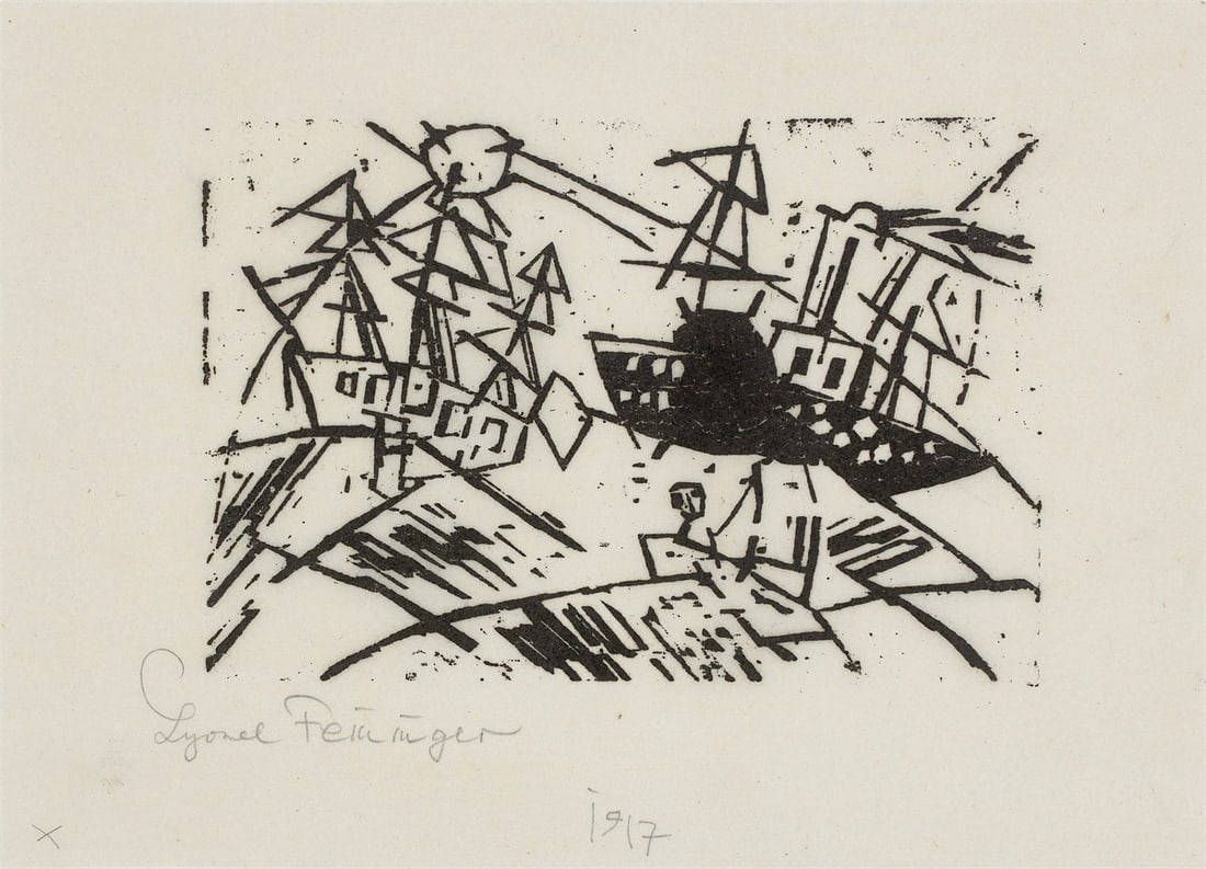 Lyonel Feininger. ”Schiffe in schwerer See”. 1919: Lyonel Feininger (1871 – New York – 1956). ”Schiffe in schwerer See”. 1919 Woodcut on thin Japan paper. 7,7 × 11,5 cm (12,1 × 16,7)