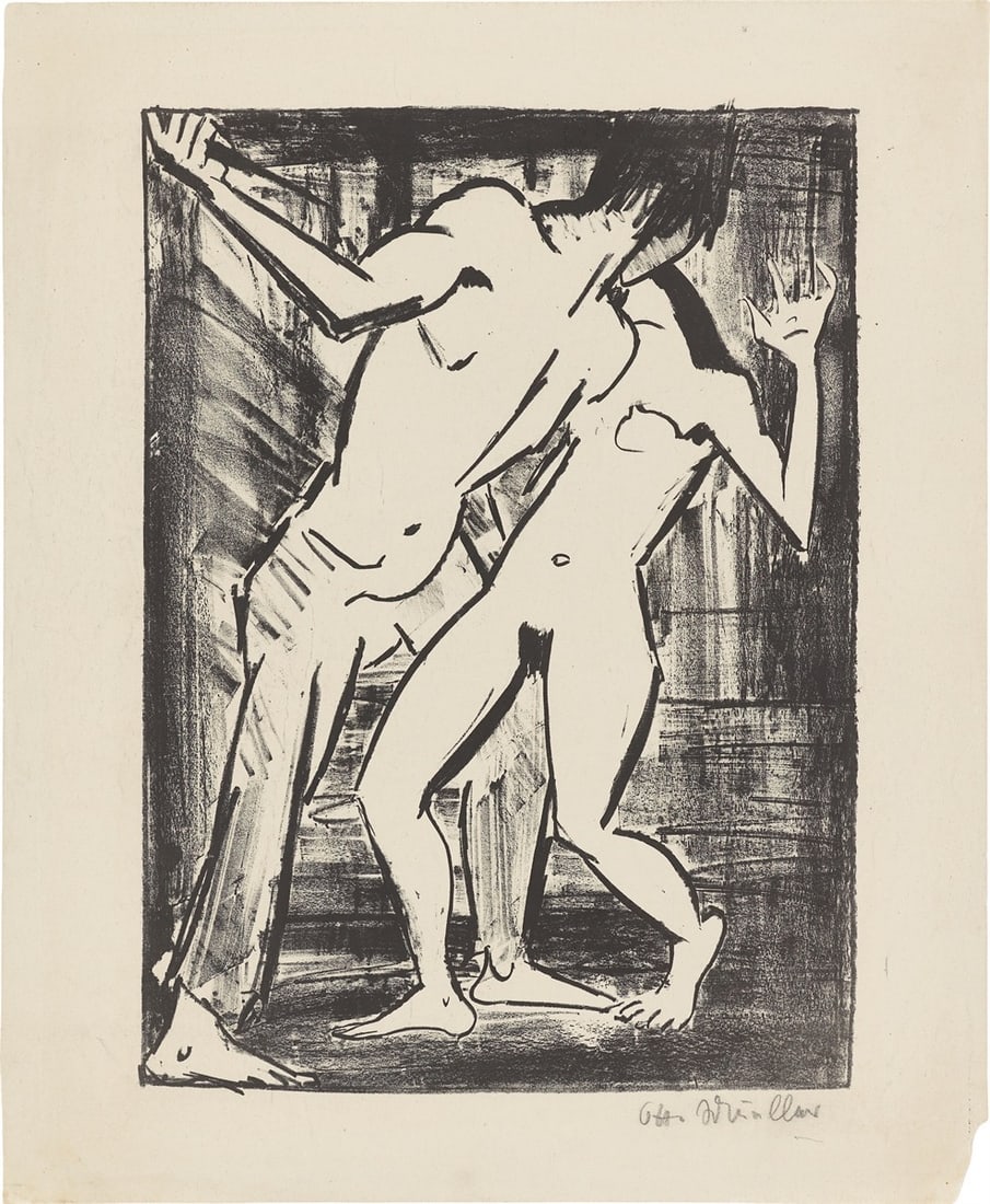 Otto Mueller. ”Der Mord 2 (Tanzszene II, Liebespaar III)”. Circa 1919: Otto Mueller (Liebau, Silesia 1874 – 1930 Wrocław). ”Der Mord 2 (Tanzszene II, Liebespaar III)”. Circa 1919 Lithograph on paper. 44,5 × 32,2 cm