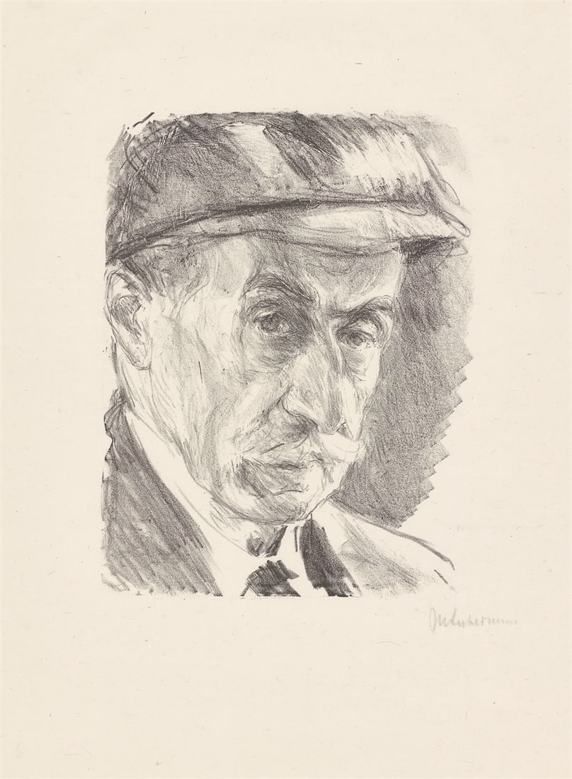 Max Liebermann. ”Selbstbildnis mit Mütze”. 1927: Max Liebermann (1847 – Berlin – 1935). ”Selbstbildnis mit Mütze”. 1927 Lithograph on China laid paper. 26,5 × 20,2 cm