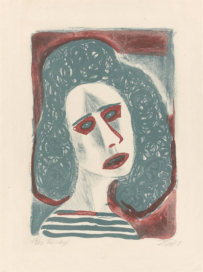Otto Dix. ”Frauenkopf”. 1949: Otto Dix (Gera-Untermhaus 1891 – 1969 Singen). ”Frauenkopf”. 1949 Colour lithograph on paper. 38,5 × 27 cm (50 × 37,5 cm)