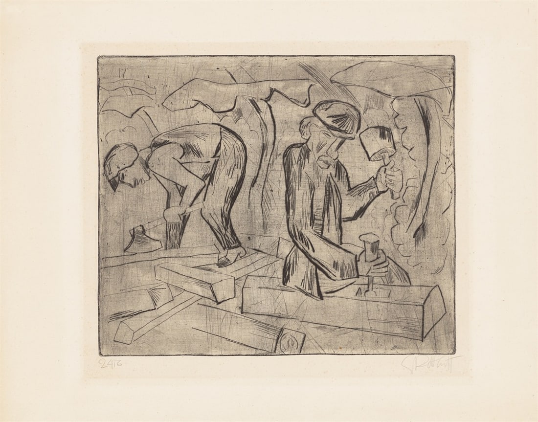 Karl Schmidt-Rottluff. ”Zimmerleute”. 1924: Karl Schmidt-Rottluff (Rottluff 1884 – 1976 Berlin). ”Zimmerleute”. 1924 Drypoint on wove paper. 33,2 × 39,6 cm (50,2 × 62,2) (13 ⅛ 